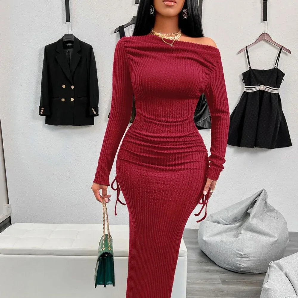 Drawstring Textured Long Sleeve Wrap Dress